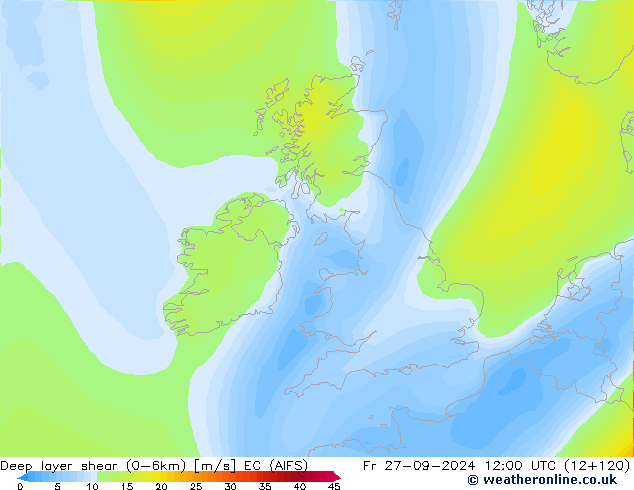 Deep layer shear (0-6km) EC (AIFS) ven 27.09.2024 12 UTC