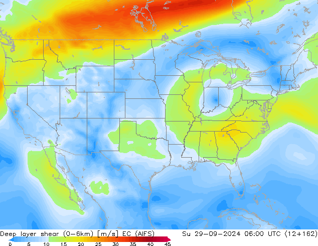 Deep layer shear (0-6km) EC (AIFS) Su 29.09.2024 06 UTC