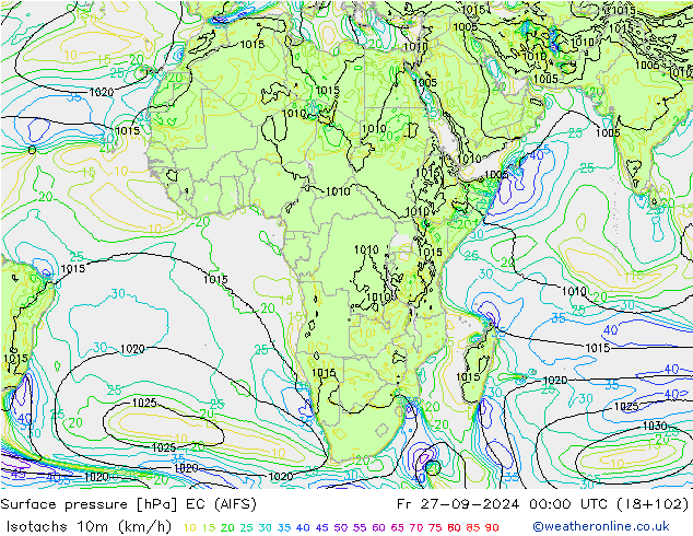 Isotachen (km/h) EC (AIFS) Fr 27.09.2024 00 UTC