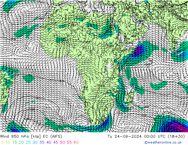 Wind 950 hPa EC (AIFS) di 24.09.2024 00 UTC