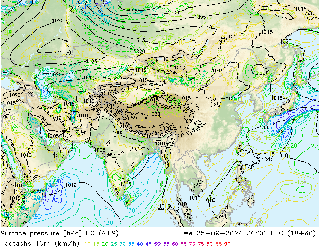 Isotachs (kph) EC (AIFS)  25.09.2024 06 UTC