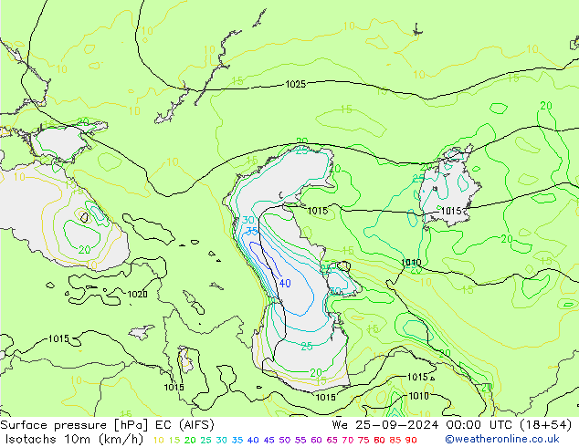 Isotachs (kph) EC (AIFS) Qua 25.09.2024 00 UTC