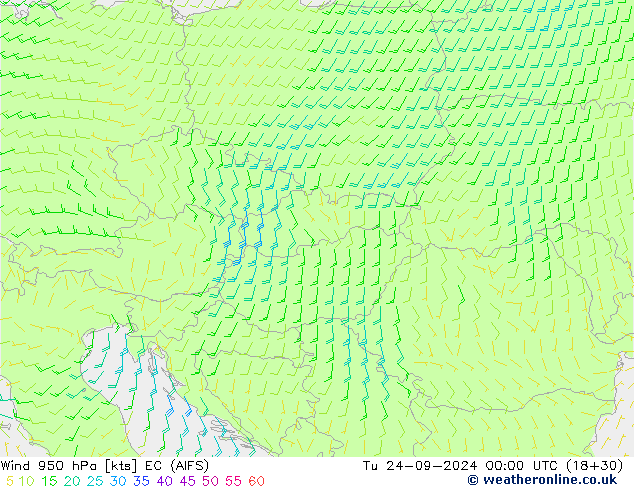 Vento 950 hPa EC (AIFS) mar 24.09.2024 00 UTC