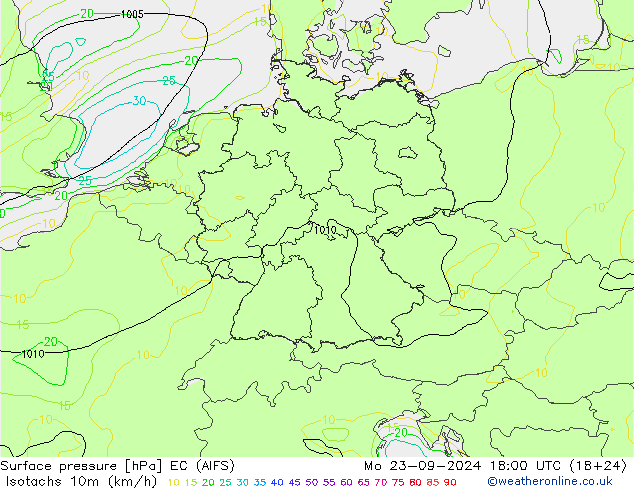 Isotachen (km/h) EC (AIFS) Mo 23.09.2024 18 UTC