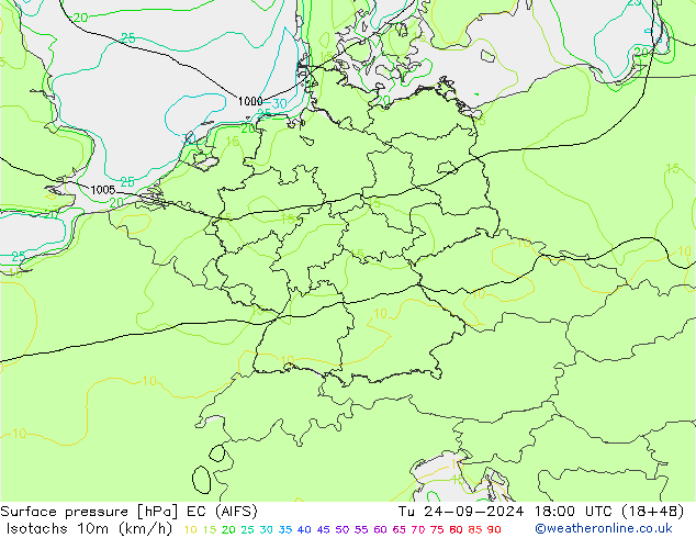 Isotachen (km/h) EC (AIFS) Di 24.09.2024 18 UTC