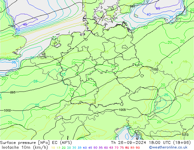 Isotachen (km/h) EC (AIFS) do 26.09.2024 18 UTC