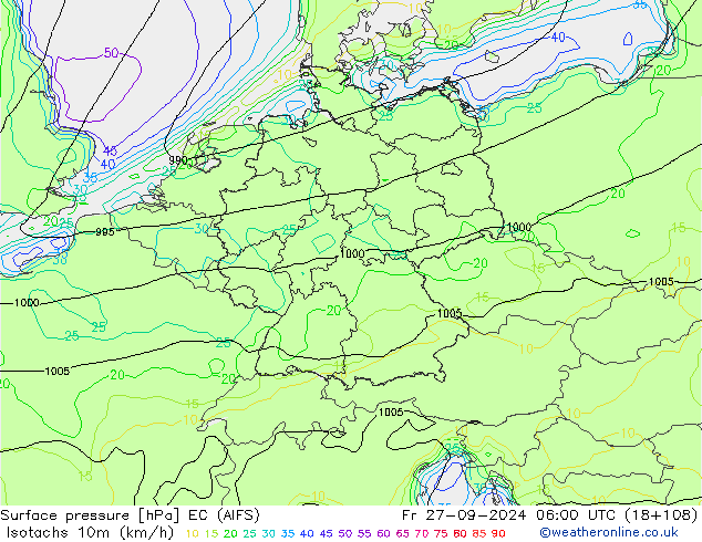 Isotachs (kph) EC (AIFS) пт 27.09.2024 06 UTC