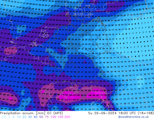 Precipitation accum. EC (AIFS) Su 29.09.2024 18 UTC