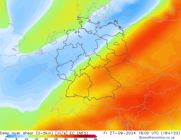 Deep layer shear (0-6km) EC (AIFS) Sex 27.09.2024 18 UTC