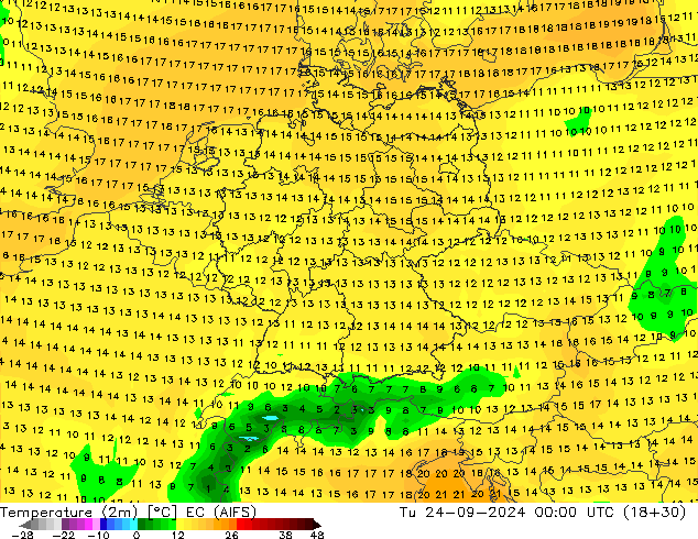 Temperature (2m) EC (AIFS) Tu 24.09.2024 00 UTC