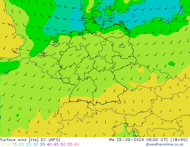 Surface wind EC (AIFS) We 25.09.2024 06 UTC