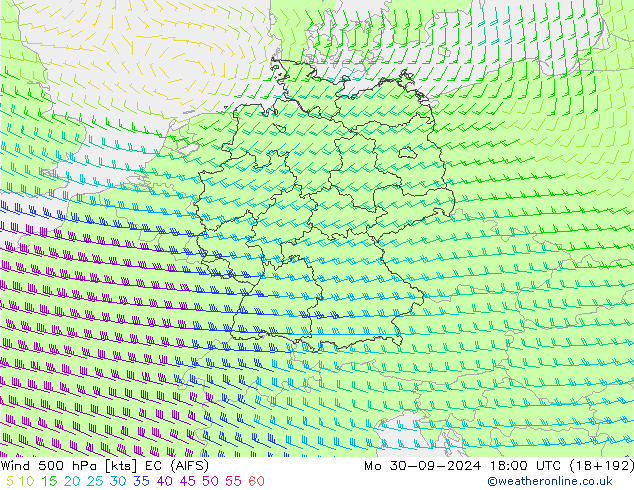 Vento 500 hPa EC (AIFS) lun 30.09.2024 18 UTC