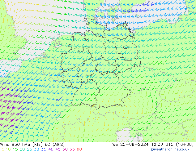 Wind 850 hPa EC (AIFS) We 25.09.2024 12 UTC