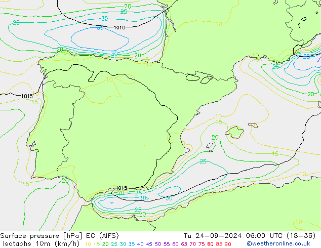 Isotachs (kph) EC (AIFS) Tu 24.09.2024 06 UTC