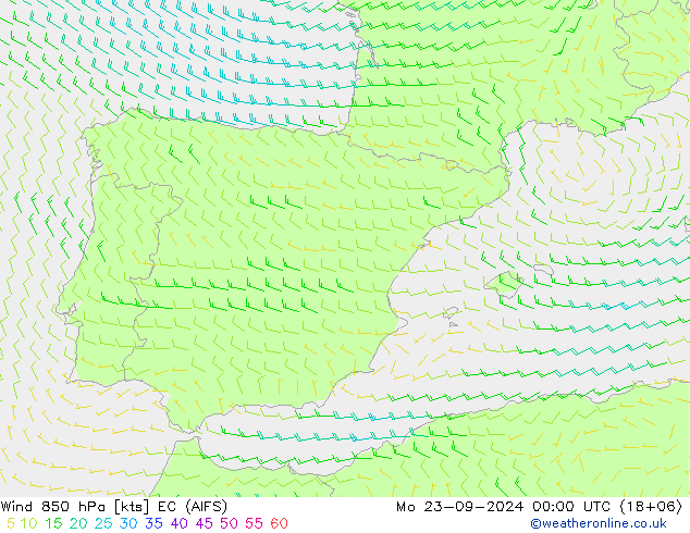 ветер 850 гПа EC (AIFS) пн 23.09.2024 00 UTC