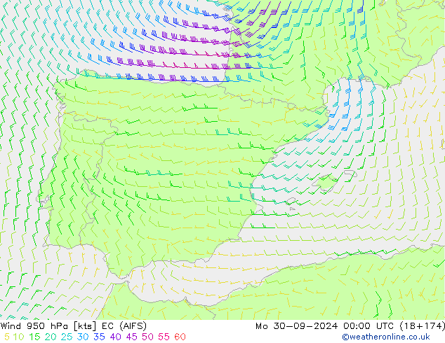 ветер 950 гПа EC (AIFS) пн 30.09.2024 00 UTC