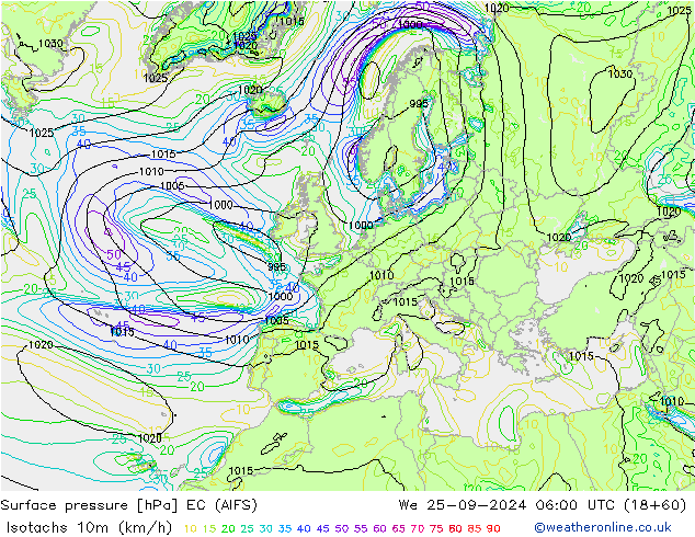 Isotachs (kph) EC (AIFS) mer 25.09.2024 06 UTC