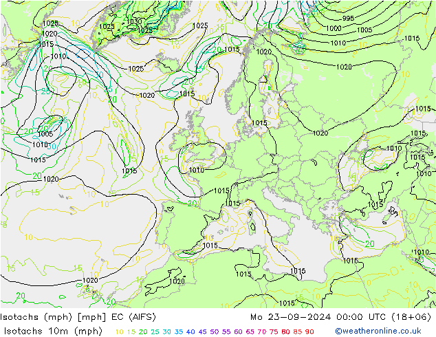 Isotachen (mph) EC (AIFS) Mo 23.09.2024 00 UTC