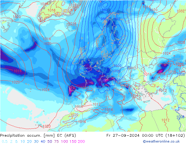 Precipitation accum. EC (AIFS) Fr 27.09.2024 00 UTC