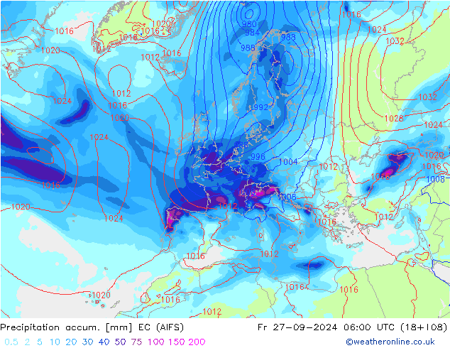 Precipitation accum. EC (AIFS) Sex 27.09.2024 06 UTC