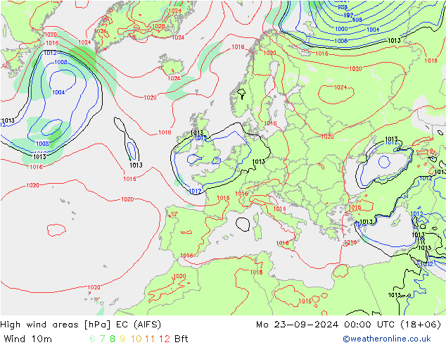 High wind areas EC (AIFS) Mo 23.09.2024 00 UTC