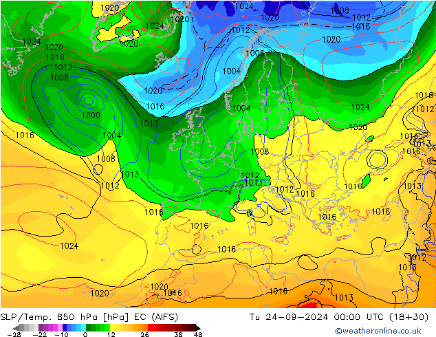 SLP/Temp. 850 hPa EC (AIFS) mar 24.09.2024 00 UTC