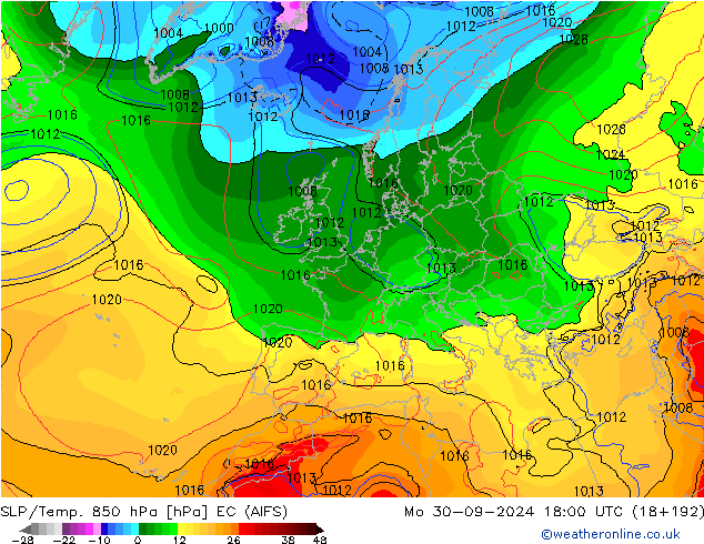 SLP/Temp. 850 hPa EC (AIFS) Mo 30.09.2024 18 UTC