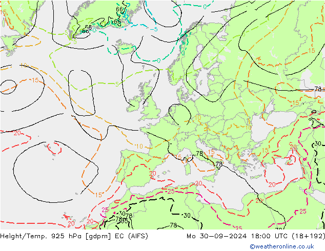 Height/Temp. 925 hPa EC (AIFS) Mo 30.09.2024 18 UTC