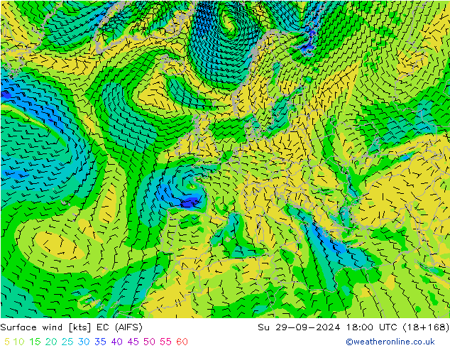 Surface wind EC (AIFS) Ne 29.09.2024 18 UTC