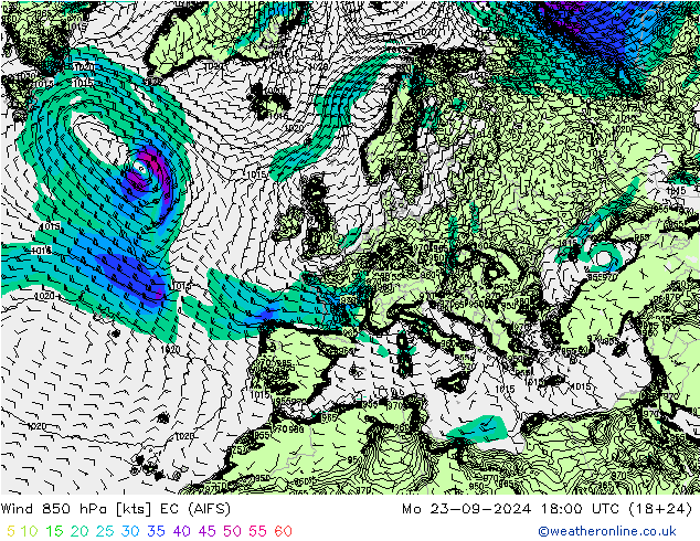 Wind 850 hPa EC (AIFS) Mo 23.09.2024 18 UTC