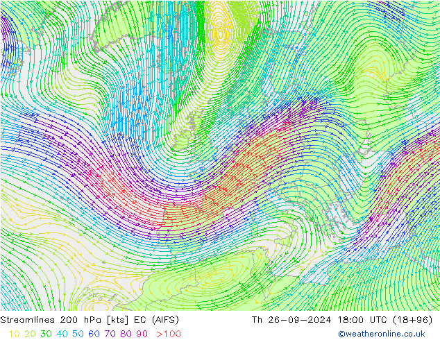 Streamlines 200 hPa EC (AIFS) Th 26.09.2024 18 UTC