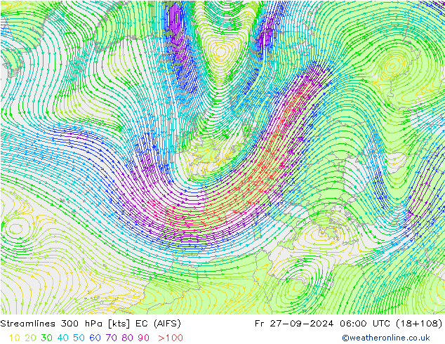 ветер 300 гПа EC (AIFS) пт 27.09.2024 06 UTC