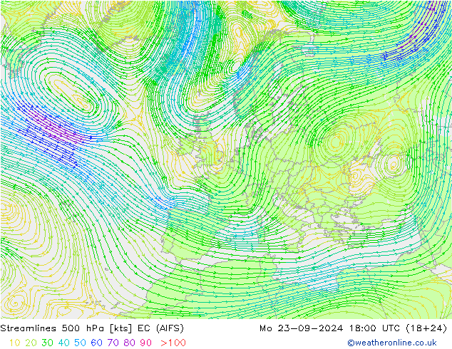 Stromlinien 500 hPa EC (AIFS) Mo 23.09.2024 18 UTC