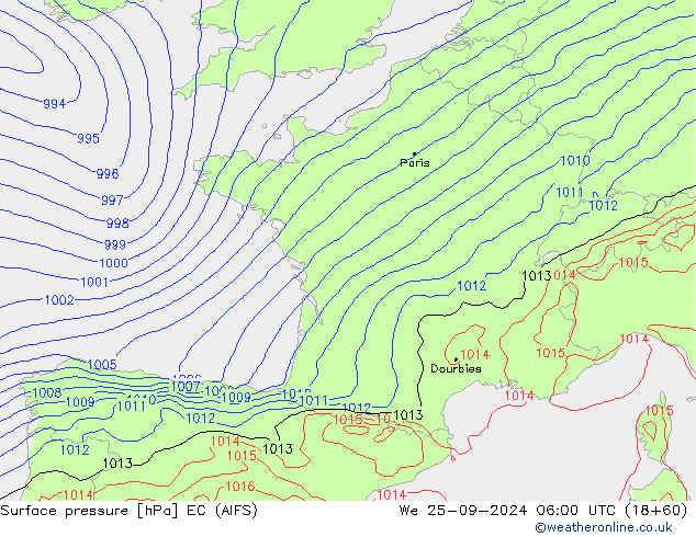 Atmosférický tlak EC (AIFS) St 25.09.2024 06 UTC