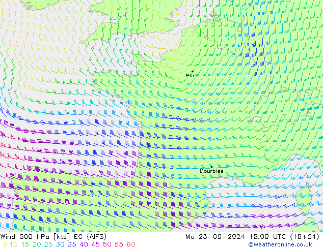 Vento 500 hPa EC (AIFS) lun 23.09.2024 18 UTC