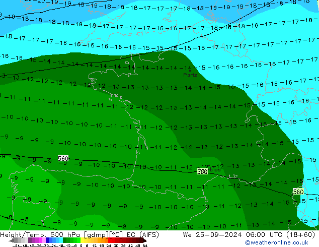 Hoogte/Temp. 500 hPa EC (AIFS) wo 25.09.2024 06 UTC