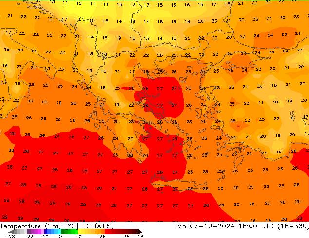 Temperaturkarte (2m) EC (AIFS) Mo 07.10.2024 18 UTC