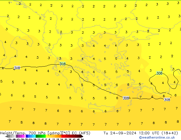 Yükseklik/Sıc. 700 hPa EC (AIFS) Sa 24.09.2024 12 UTC