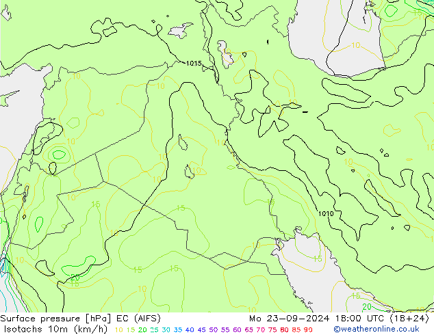 Isotachen (km/h) EC (AIFS) ma 23.09.2024 18 UTC