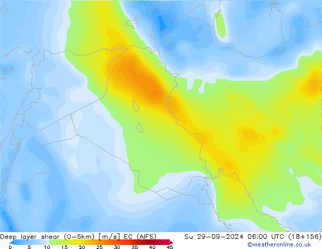 Deep layer shear (0-6km) EC (AIFS) Su 29.09.2024 06 UTC