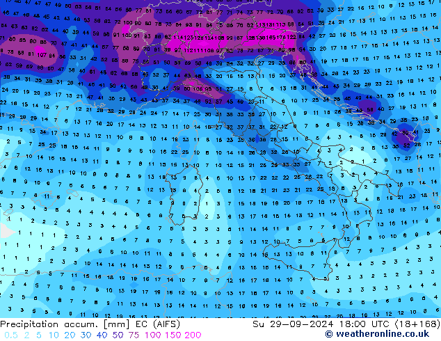 Totale neerslag EC (AIFS) zo 29.09.2024 18 UTC
