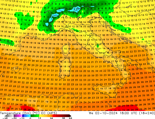 Temperature (2m) EC (AIFS) We 02.10.2024 18 UTC