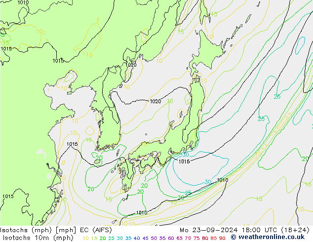 Isotachs (mph) EC (AIFS) Mo 23.09.2024 18 UTC