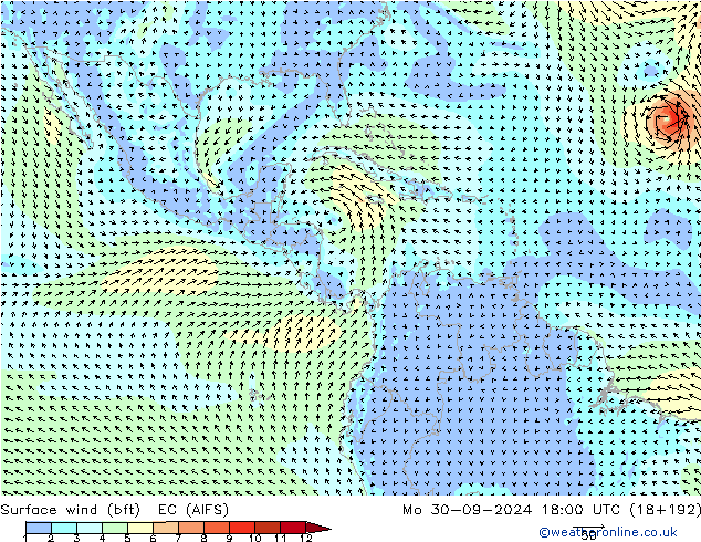 Surface wind (bft) EC (AIFS) Mo 30.09.2024 18 UTC