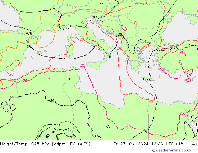 Yükseklik/Sıc. 925 hPa EC (AIFS) Cu 27.09.2024 12 UTC