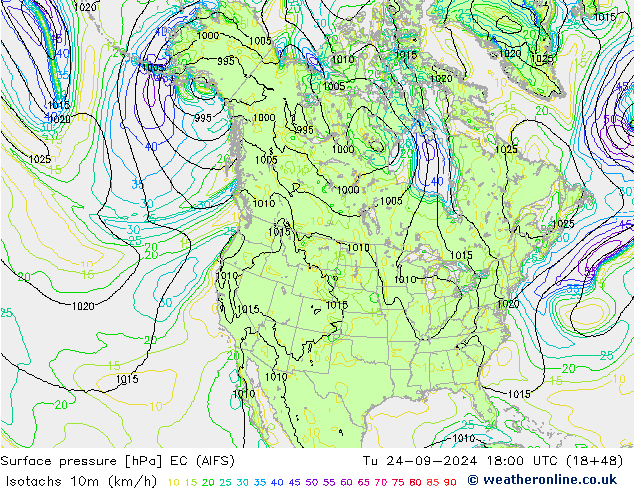 Isotachs (kph) EC (AIFS) вт 24.09.2024 18 UTC