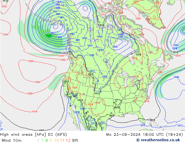 High wind areas EC (AIFS) Mo 23.09.2024 18 UTC