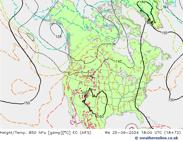 Geop./Temp. 850 hPa EC (AIFS) mié 25.09.2024 18 UTC