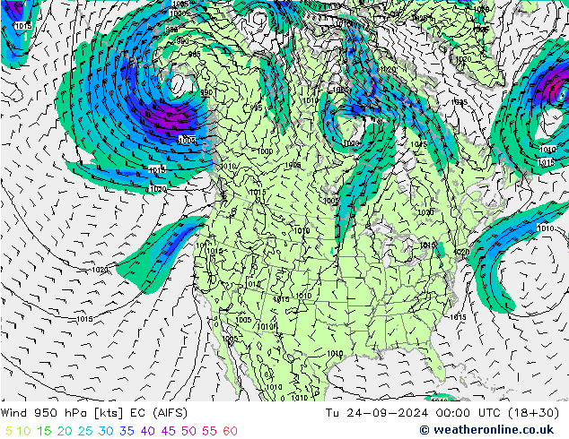 wiatr 950 hPa EC (AIFS) wto. 24.09.2024 00 UTC