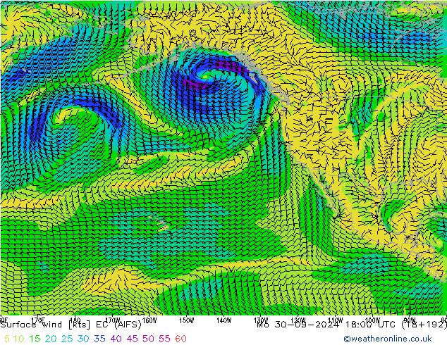 Viento 10 m EC (AIFS) lun 30.09.2024 18 UTC